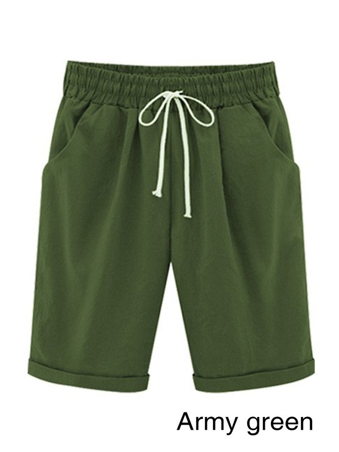 Casual Solid Cotton-blend Gathered Vacation Shorts